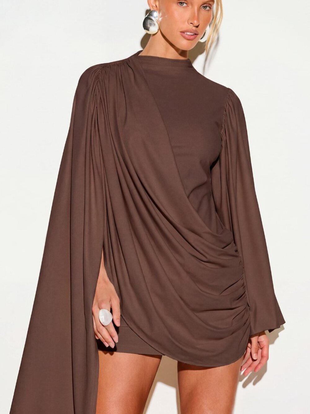 Brown Party Women's Draped Cape Detail Balloon Sleeve Mini Dress - Picture 4 of 5